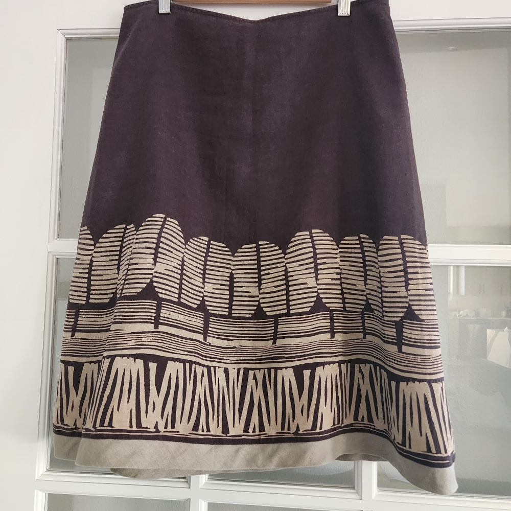Elegant Brown A-Line Skirt with Tree Pattern. Size- M(8)- 40(EU); 100%- Linen